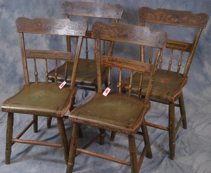 Appraisal: half spindle plank seat chairs with original decoration some loss