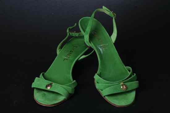 Appraisal: CHANEL GREEN SUEDE SANDALS Size With low heel