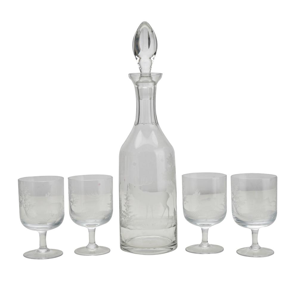 Appraisal: ETCHED GLASS DRINK SETunmarked comprising a decanter with stopper and