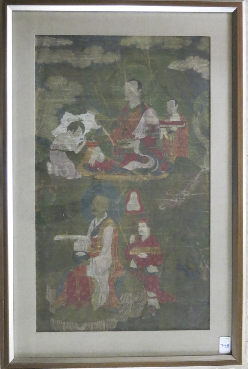 Appraisal: CHINESE PAINTING ON CANVAS Outdoor scene with two scholars attendants