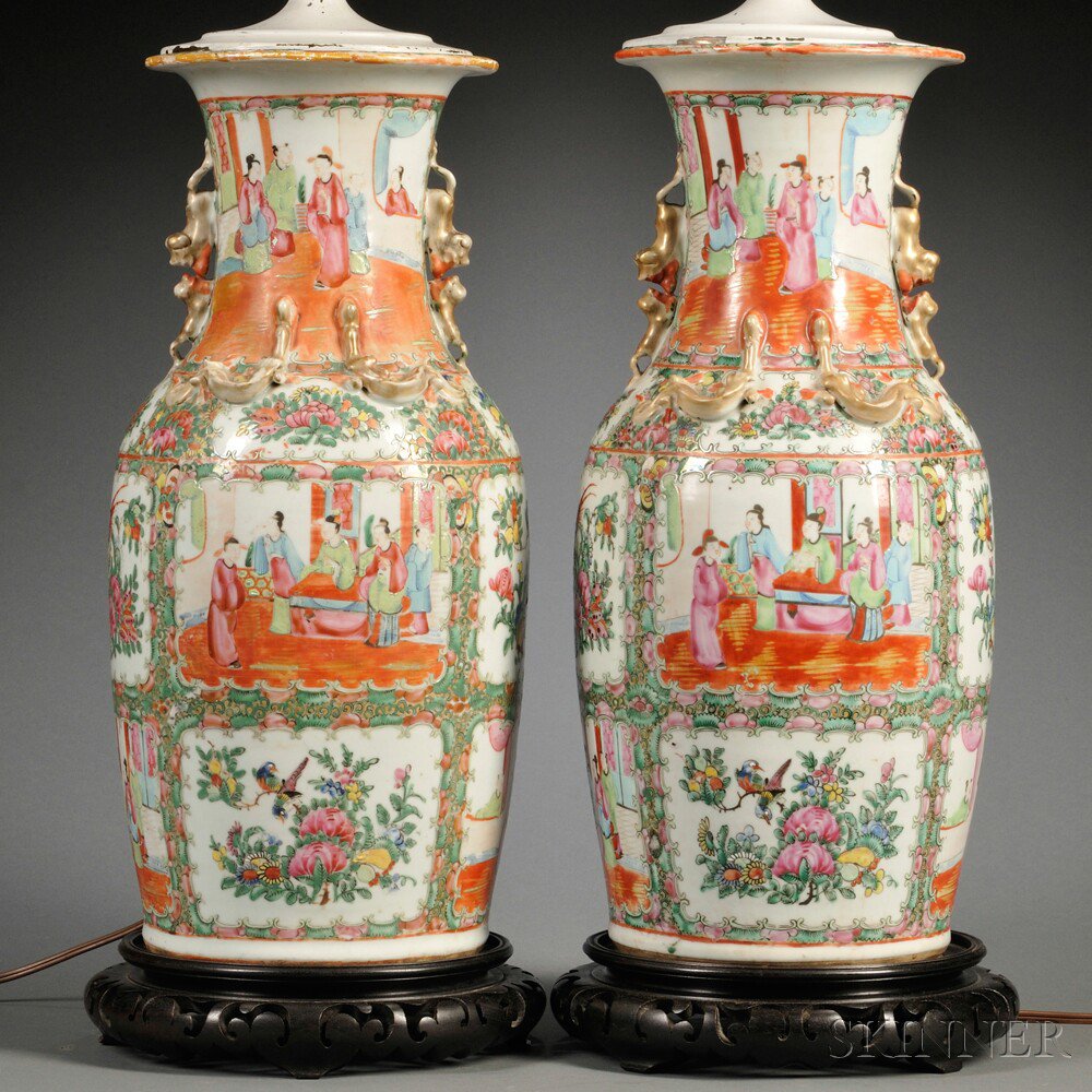 Appraisal: Pair of Rose Medallion Vases Mounted as Lamps China th