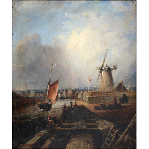 Appraisal: British School th c - Dutch Harbour Scene with Windmill