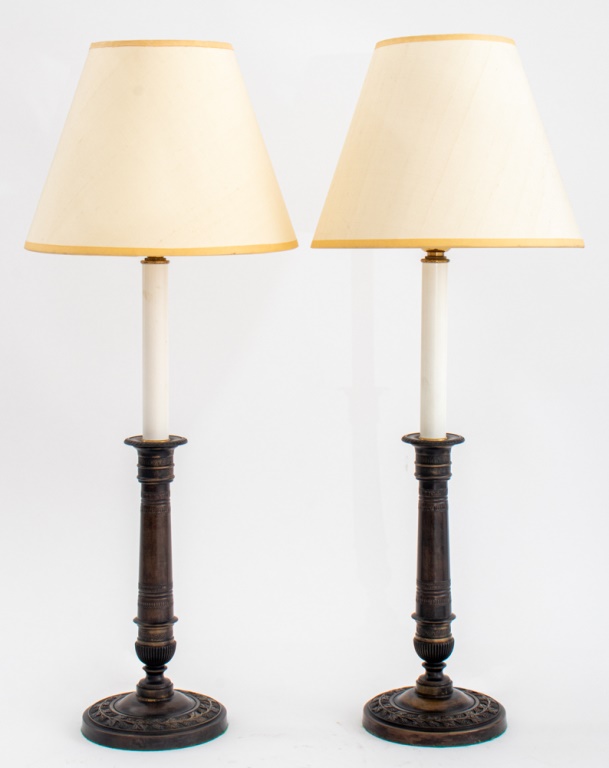 Appraisal: CHARLES X STYLE PATINATED BRONZE CANDLESTICK LAMPS Pair of Charles