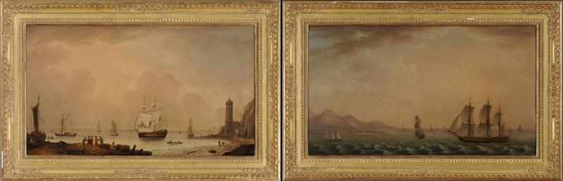 Appraisal: BRITISH SCHOOL PAIR OF MARINE SEASCAPES WITH AMERICAN SHIPS IN