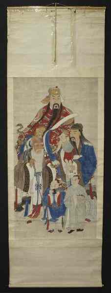 Appraisal: Chinese watercolor scroll depicting the Gods ofLongevity Prosperity and Happiness