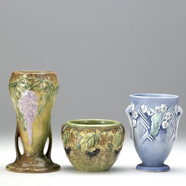 Appraisal: ROSEVILLE Three pieces blue Clemana vase - Blackberry jardiniere and