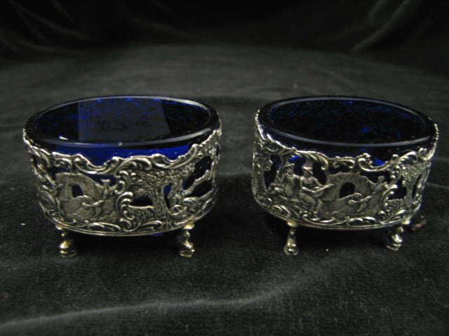 Appraisal: Pair of European Sterling Salt Cellars cobalt liners fancy garden