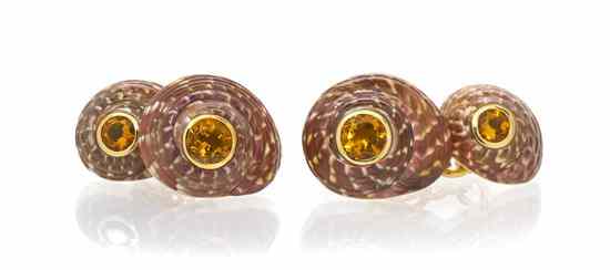 Appraisal: A Pair of Karat Yellow Umbonium Shell and Citrine Cufflinks