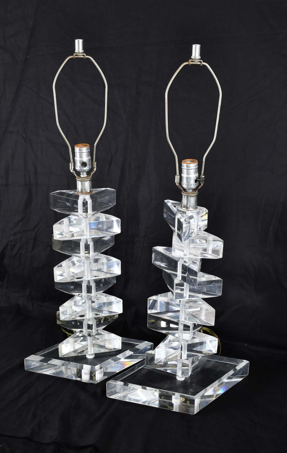 Appraisal: PAIR OF LUCITE TABLE LAMPSModern Composed of eight stacked triangular