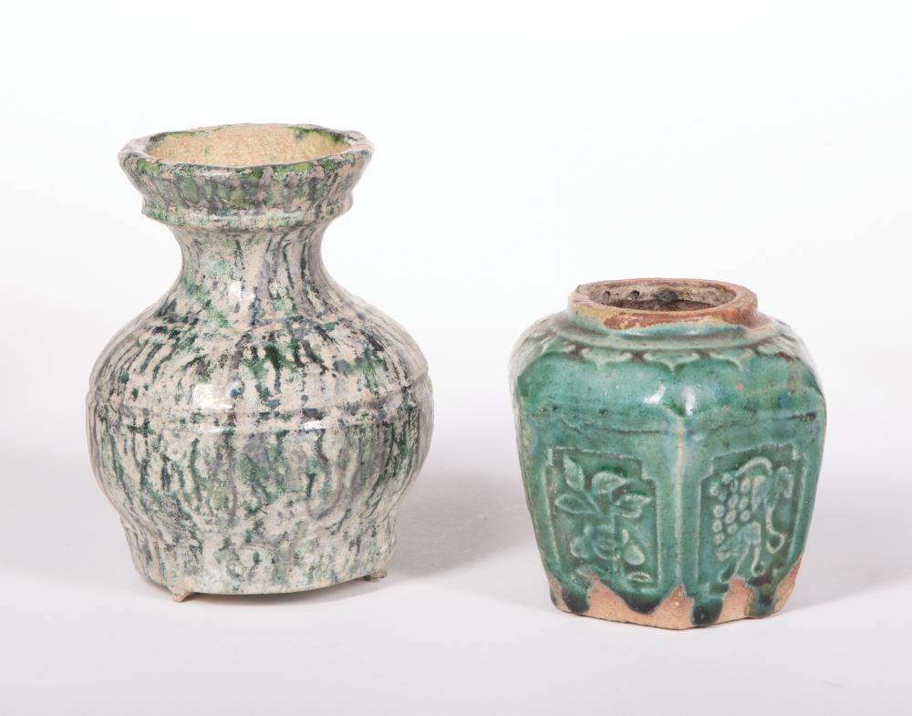 Appraisal: Two Chinese Glazed Pottery Vases probably Han Dynasty BCE- CE