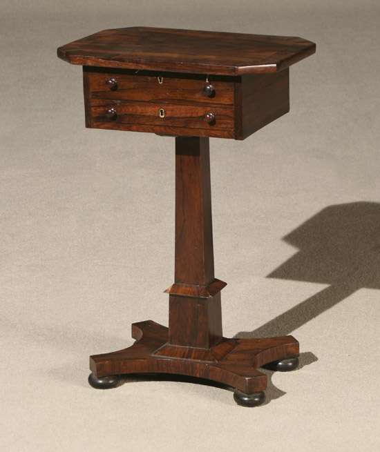 Appraisal: Regency Rosewood Pedestal Work Table Circa The hinged top opening