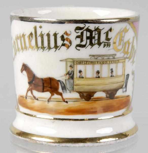 Appraisal: Horse-Drawn Trolley Car Shaving Mug Description Gilt name Cornelius McCabe