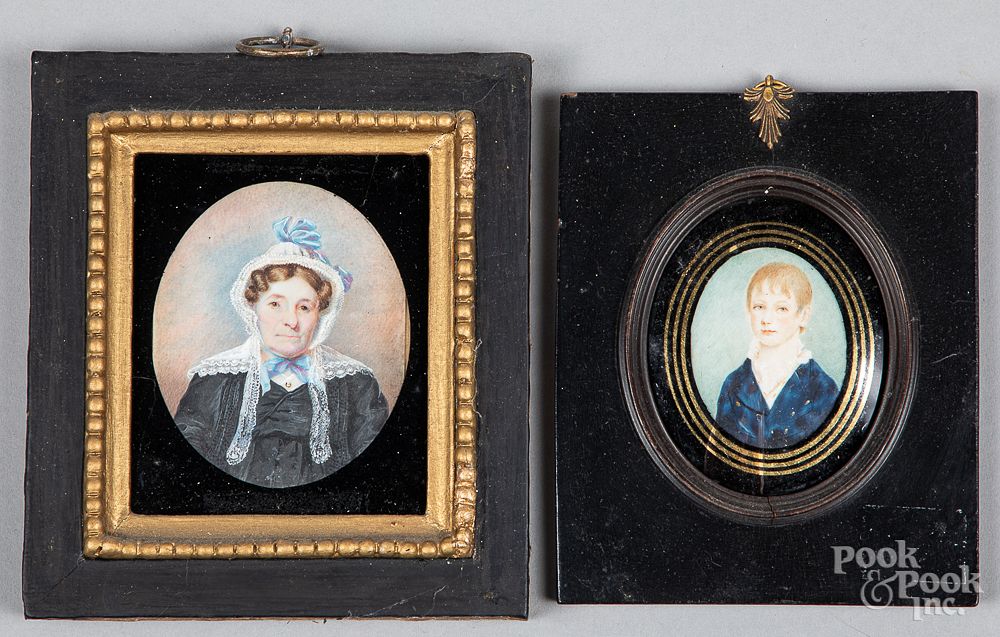 Appraisal: Two miniature watercolor portraits Two miniature watercolor portraits of an