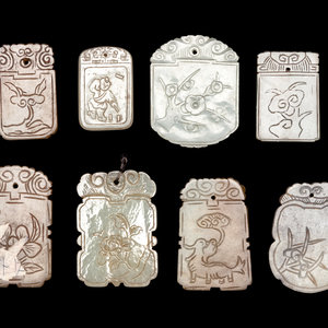 Appraisal: Eight Chinese Celadon Jade Carved Plaques one carved with a