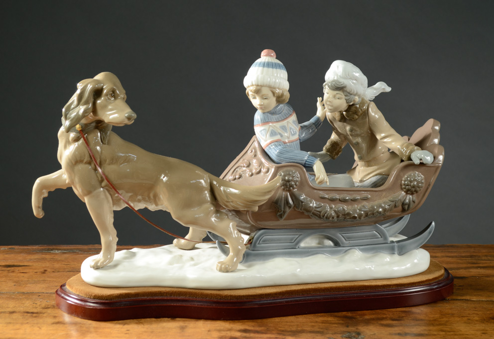 Appraisal: LLADRO PORCELAIN LARGE FIGURAL GROUP titled Sleighride two children in