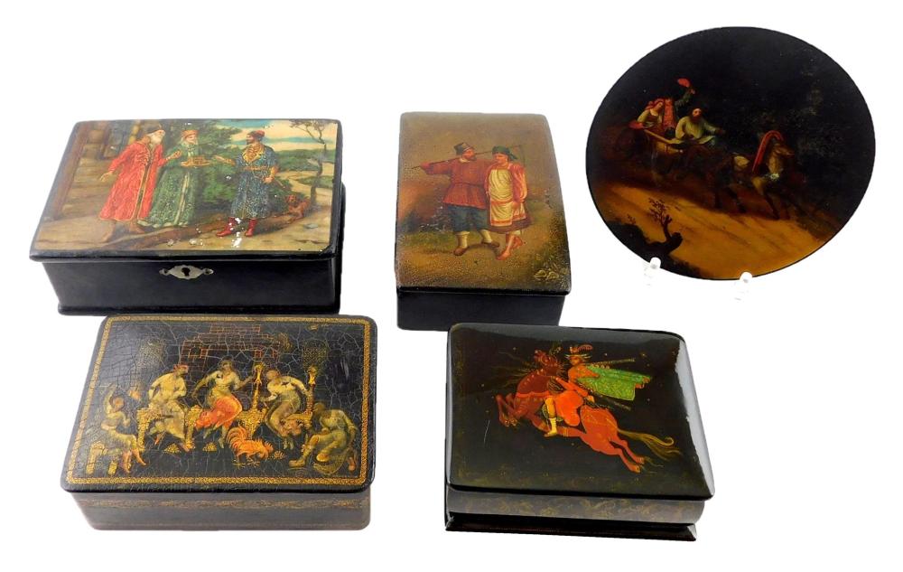 Appraisal: Russian hand-painted lacquer boxes and plate five pieces all older