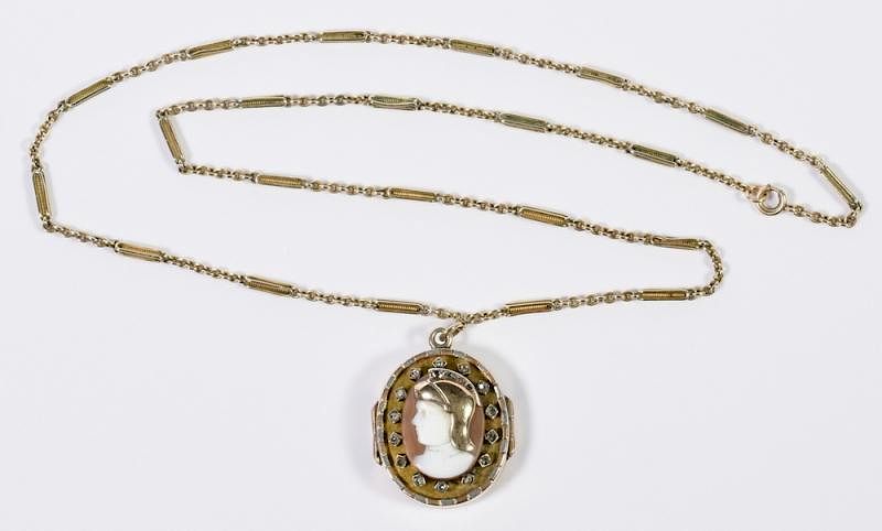 Appraisal: K Classical Cameo Locket w Diamonds K tested Tri-color gold