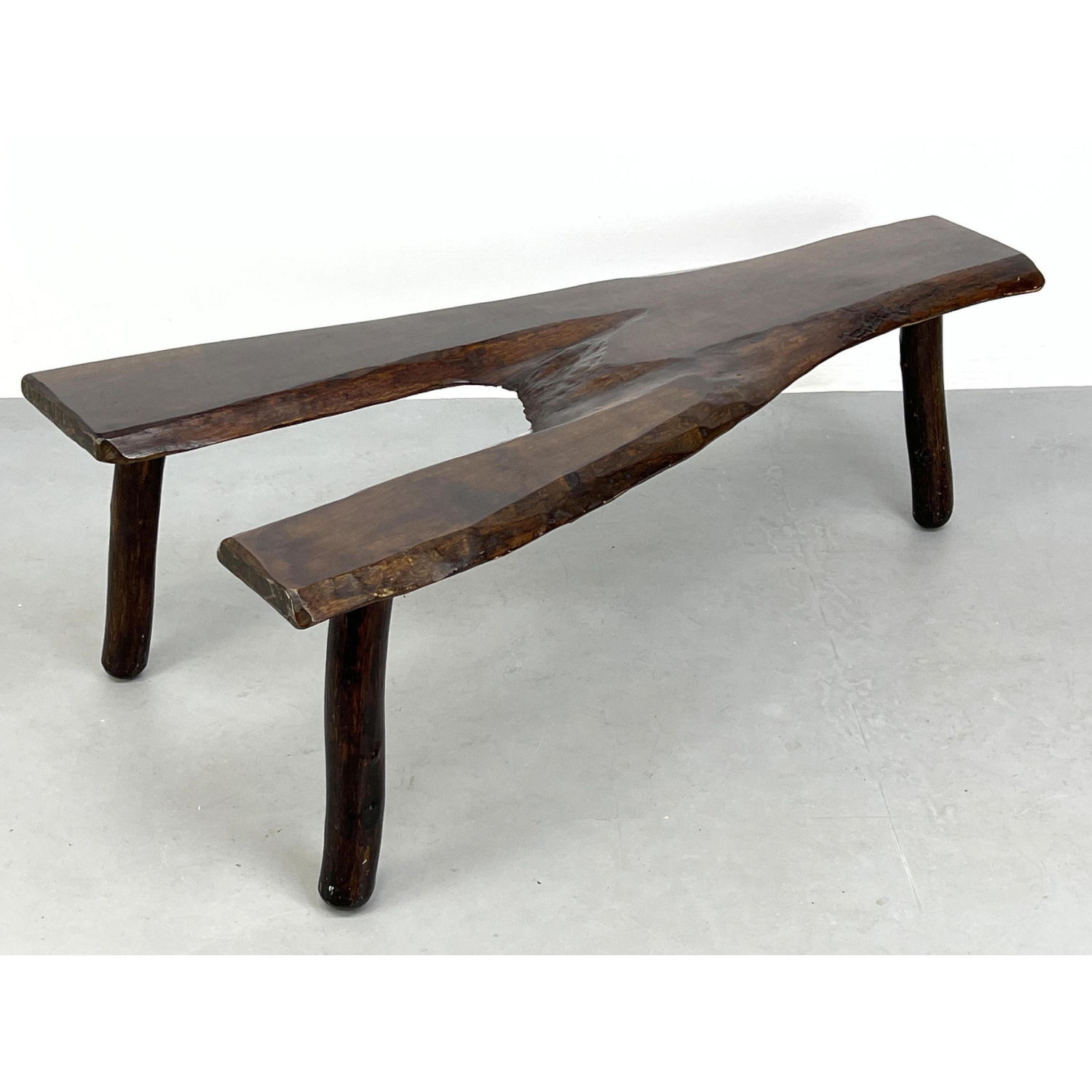 Appraisal: Free form slab wood coffee table Forked wood form on