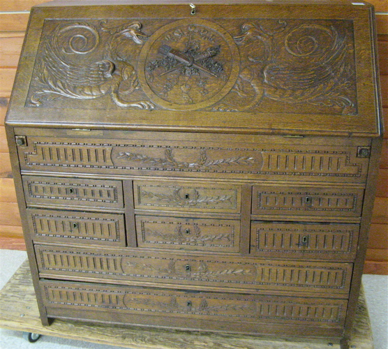 Appraisal: CARVED OAK SLANT-FRONT SECRETARY Belgian mid th century The slant