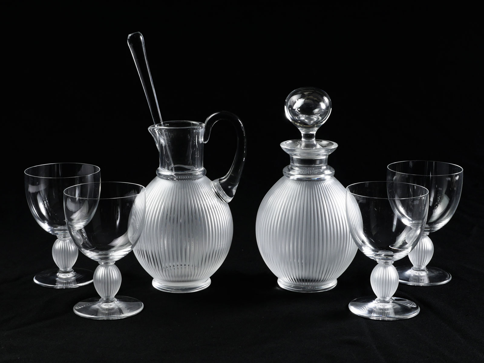 Appraisal: LALIQUE ''LANGEAIS'' LIQUOR DECANTER GLASS Comprising - Pitcher - Decanter