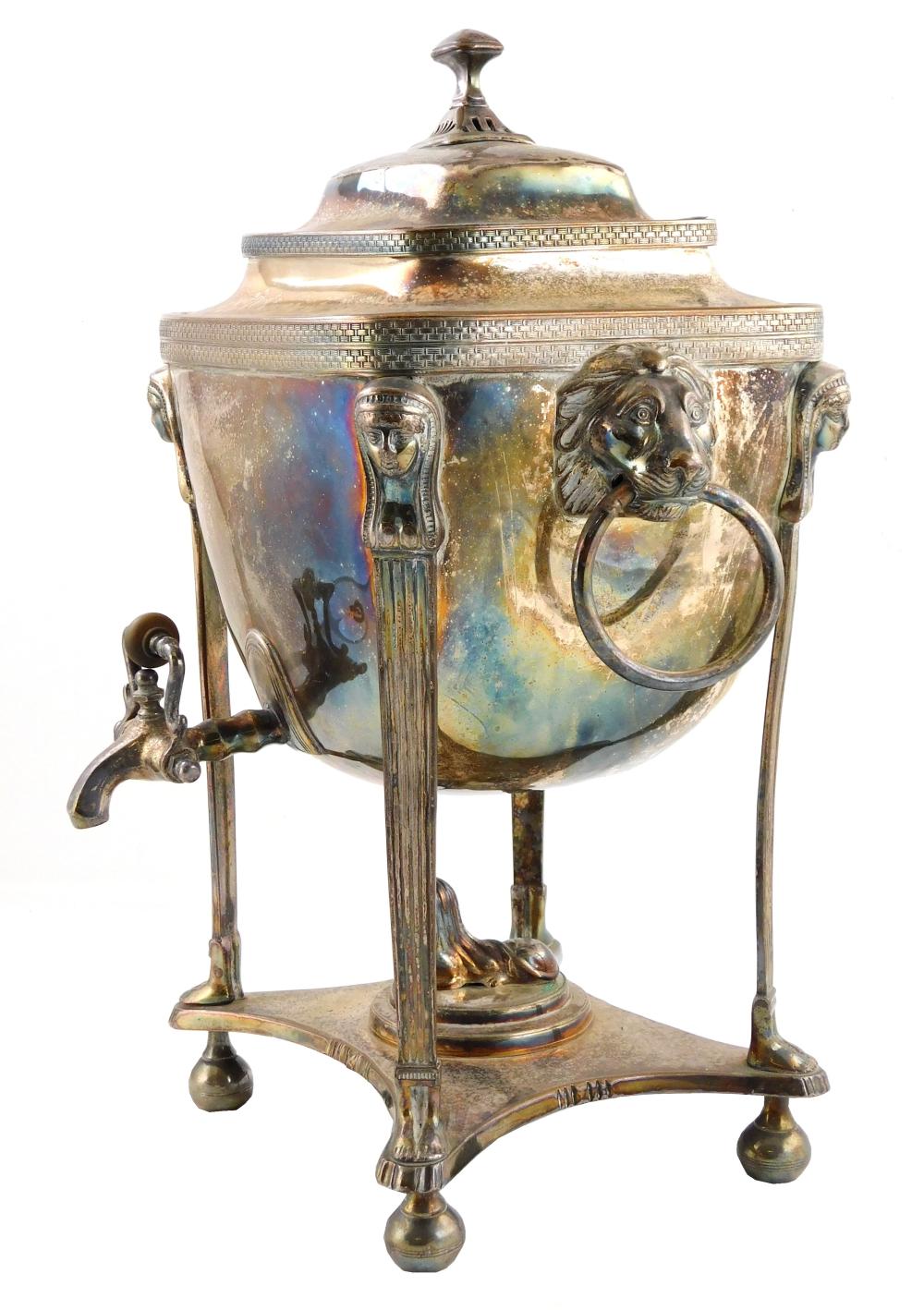 Appraisal: Egyptian Revival silver plated hot water urn with lid interior