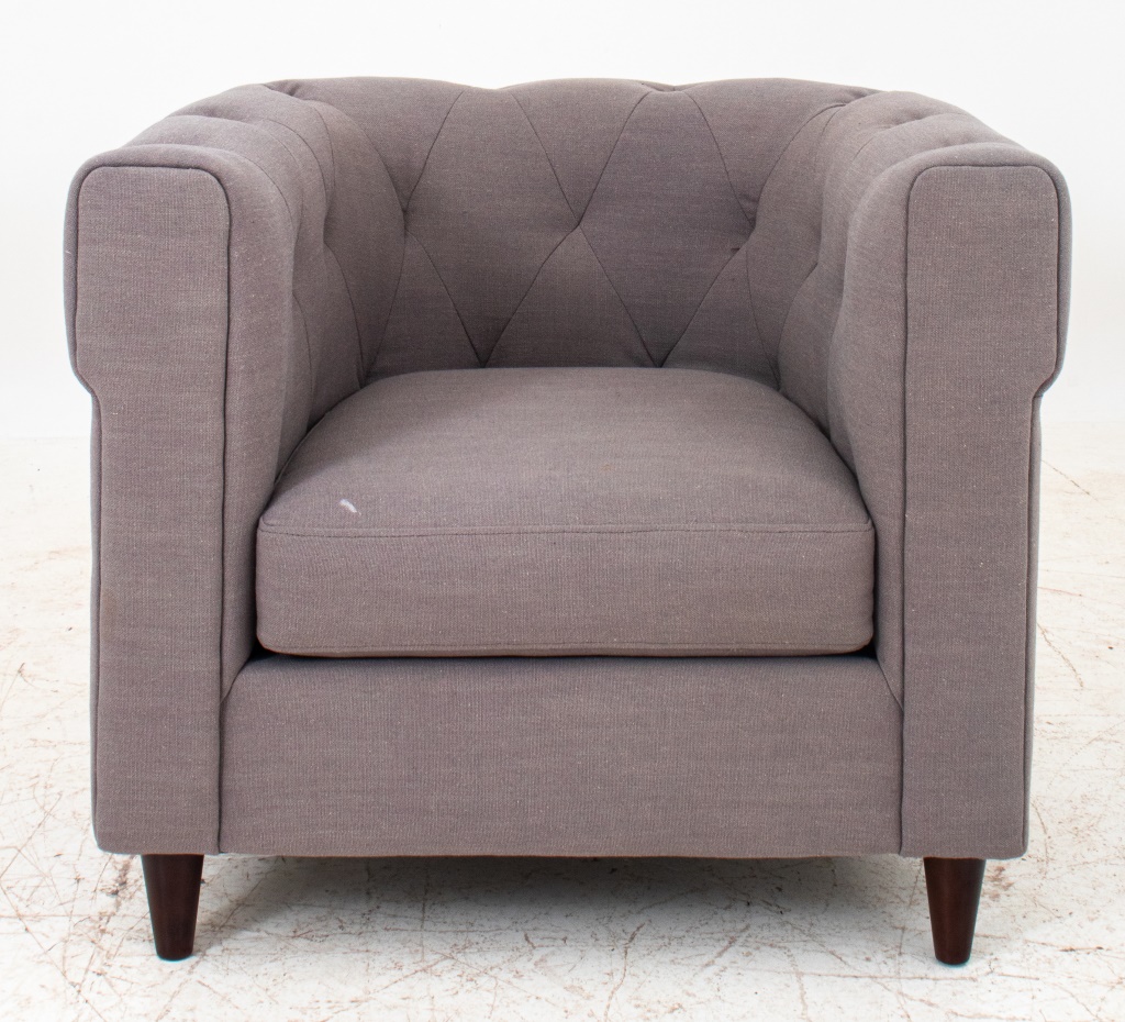 Appraisal: GREY UPHOLSTERED CHESTERFIELD STYLE ARMCHAIR Modern Chesterfield armchair upholstered with