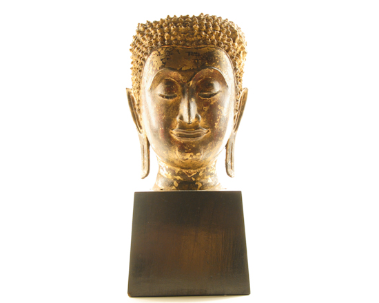 Appraisal: A Large Thai Gilt-Bronze Buddha Head Fragment on Stand high