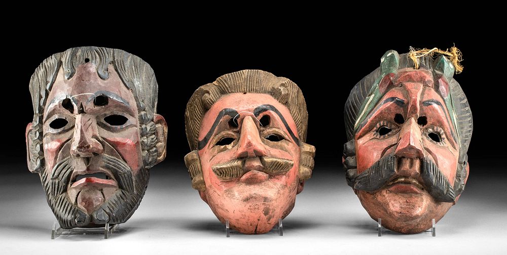 Appraisal: Three th C Guatemalan Painted Wood Festival Masks Originally Listed