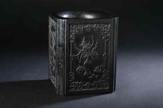 Appraisal: CHINESE ZITAN WOOD BRUSH HOLDER Carved to depict flower-filled vases