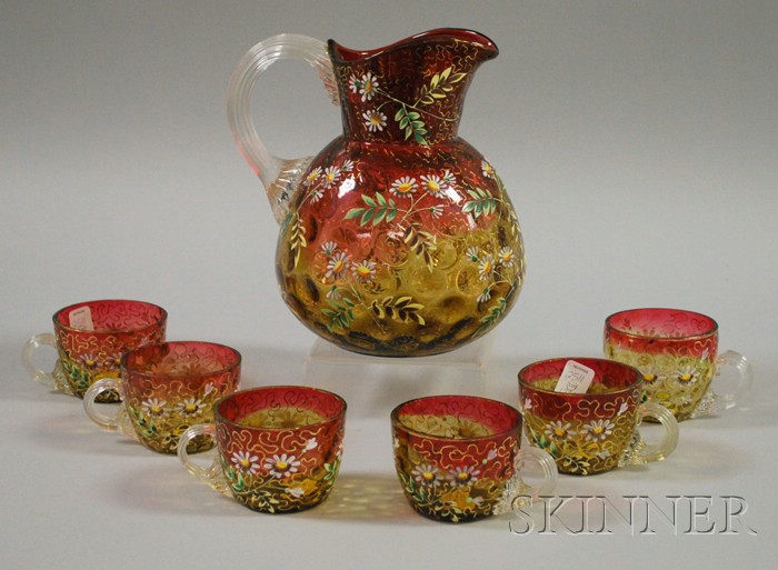 Appraisal: Seven-Piece Late Victorian Enamel Floral-decorated Amberina Glass Beverage Set a