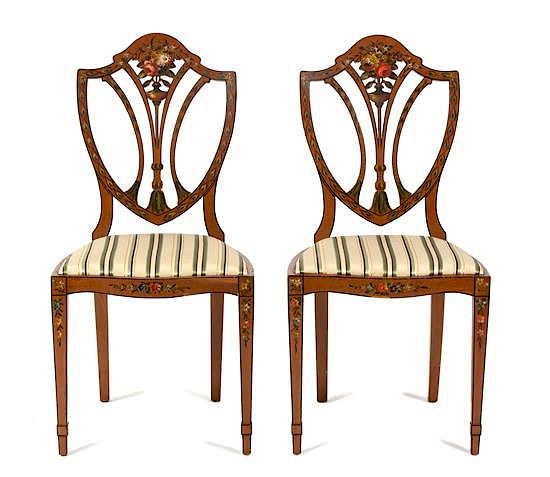 Appraisal: A Pair of Polychrome Floral Painted Satinwood Chairs Height x