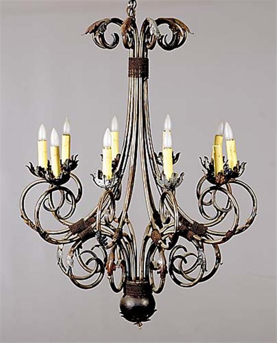 Appraisal: Wrought-metal ten-light chandelier scrolling leaf-design arms leading to sphere-shaped pendant