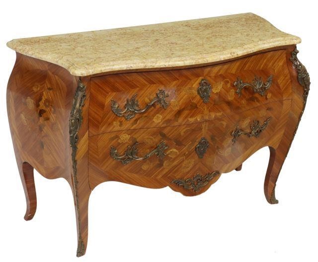 Appraisal: French Louis XV style marble-top walnut bombe two drawer commode