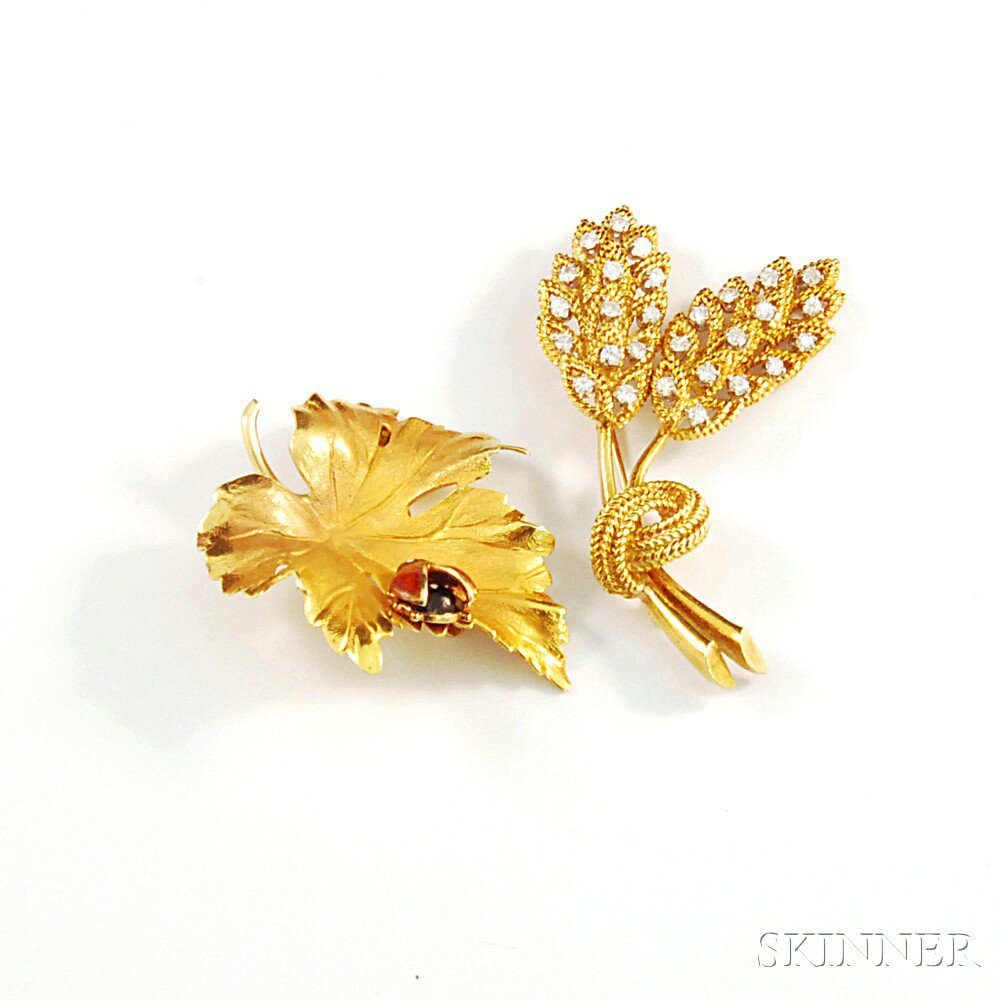 Appraisal: Two Gold Brooches an kt gold and diamond wheat pin