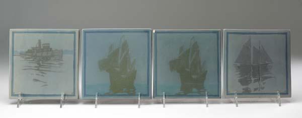 Appraisal: MARBLEHEAD Four tiles painted with ships at sea on a