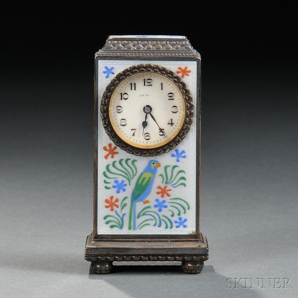 Appraisal: Argent Dore Sterling Silver and Enamel Boudoir Clock late th