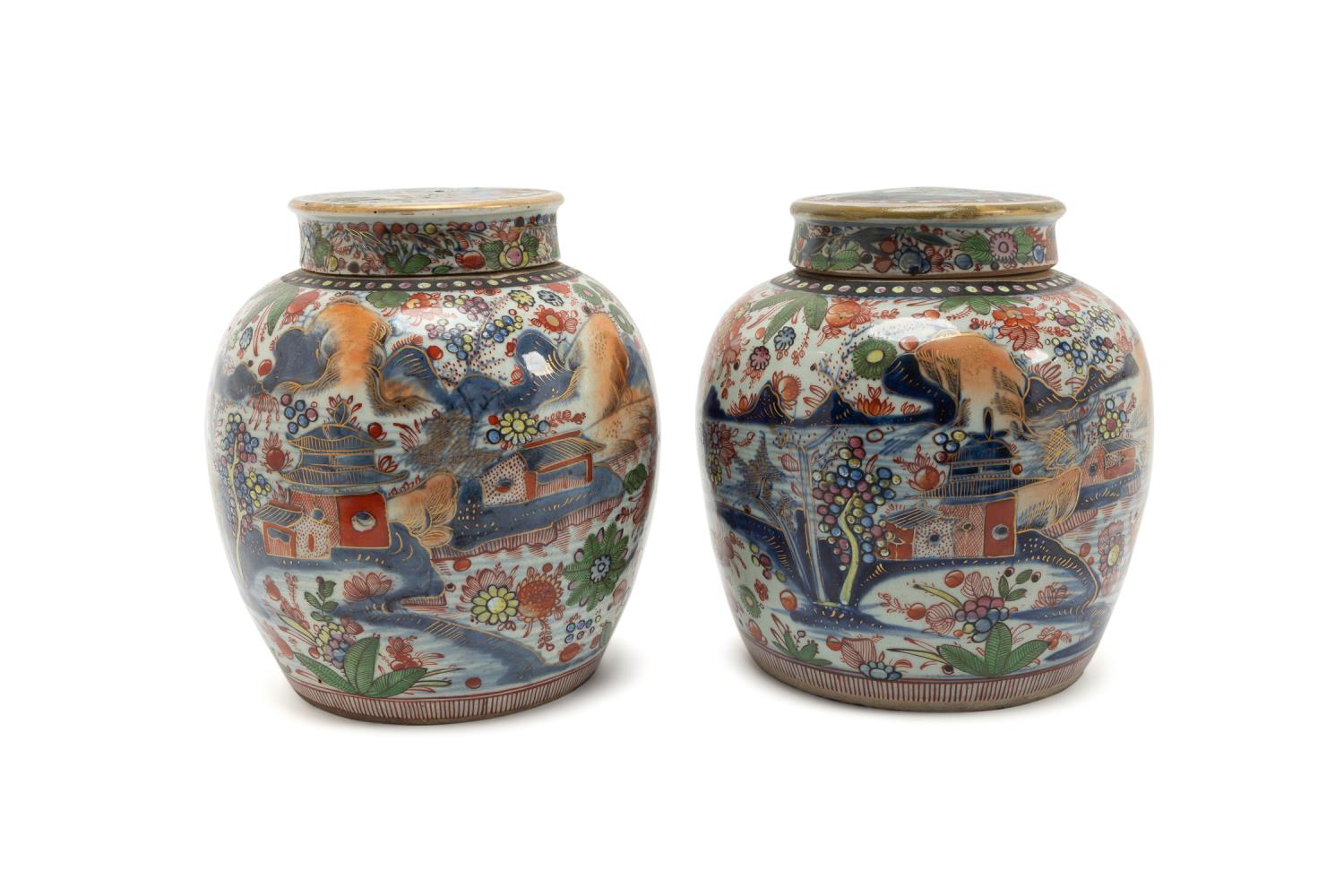 Appraisal: PAIR CLOBBERED CHINESE BLUE WHITE GINGER JARS Pair of clobbered