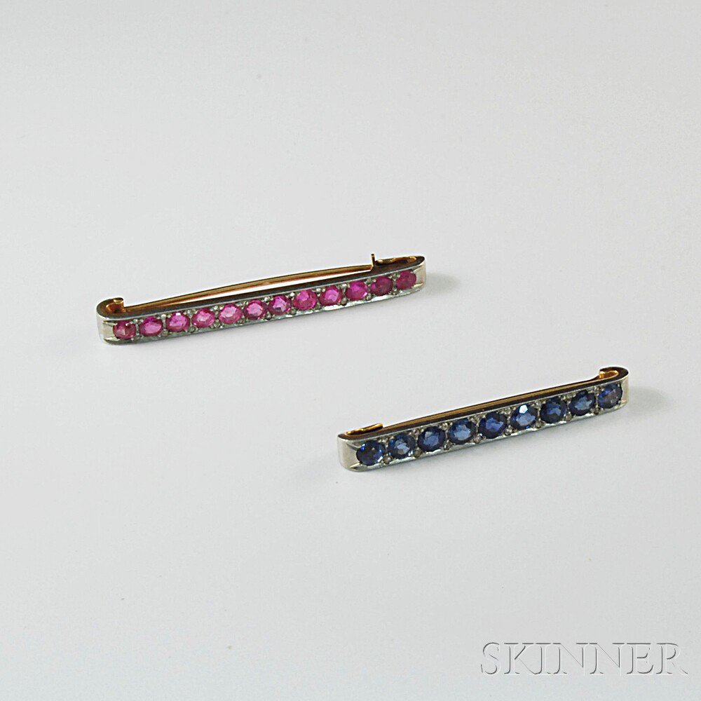 Appraisal: Two Platinum Gold Diamond and Sapphire Bar Pins one with