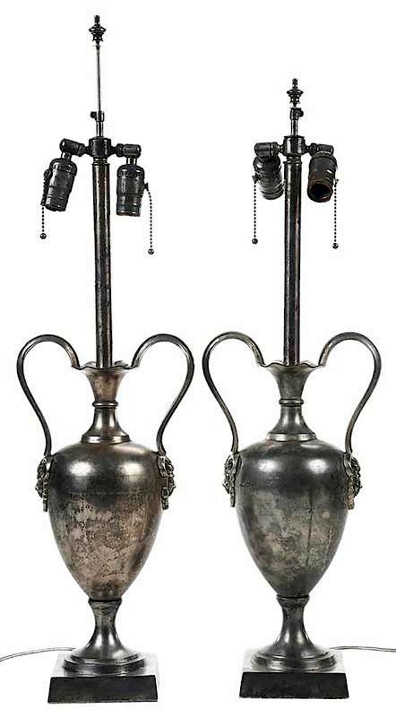 Appraisal: Pair Silver Urn Form Lamps th century each two light