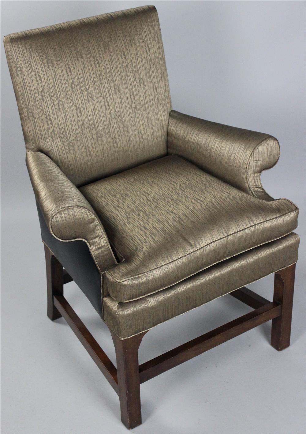 Appraisal: GEORGIAN STYLE UPHOLSTERED ARM CHAIR the upholstered back with straight