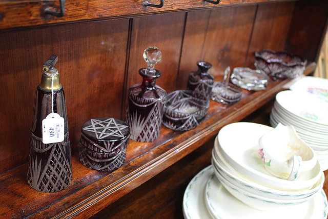 Appraisal: A RUBY FLASH GLASS DRESSING TABLE SET with cut glass