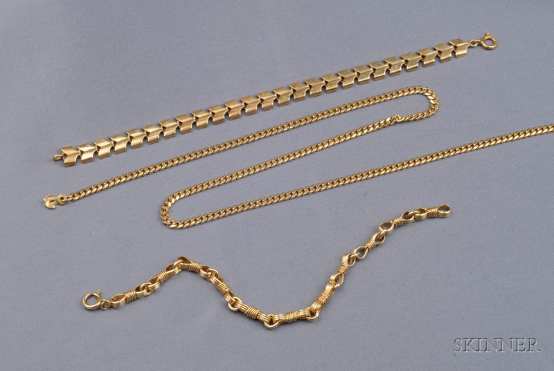 Appraisal: Three kt Gold Jewelry Items a curb link chain a