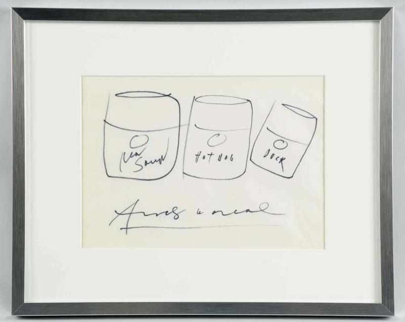 Appraisal: Andy Warhol Triple Soup Cans Felt Pen Drawing Signed across