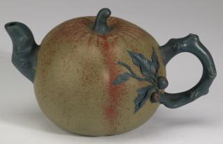 Appraisal: Chinese polychrome gourd Yixing teapot h Chinese polychrome gourd form