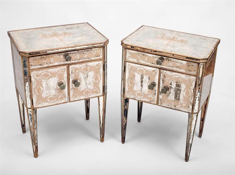 Appraisal: Pair of Louis XVI Style Reverse Painted Mirrored Bedside Tables