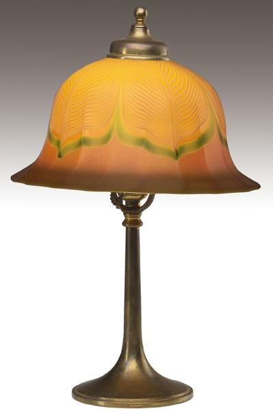 Appraisal: TIFFANY Co QUEZAL Table lamp with Quezal art glass shade