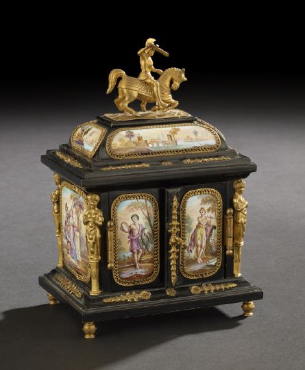 Appraisal: Diminutive Viennese Gilt-Brass- and Enameled Plaque-Mounted Ebonized Tabletop Jewel Cabinet