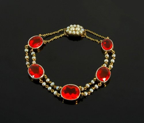 Appraisal: A fire opal and seed pearl bracelet the five graduated