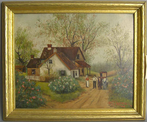 Appraisal: Primitive oil on board cottage scene signed Art Lawrence x