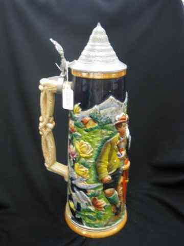 Appraisal: German Pottery Stein bas-relief depictscouple and foliage - '' tall